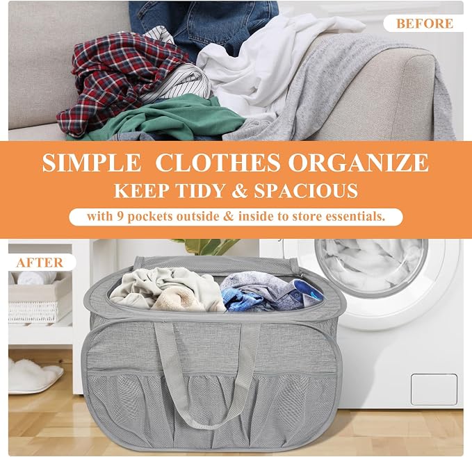 2 Pack Collapsible Laundry Baskets with Lid, Foldable Laundry Basket with Pockets, Pop Up Hamper with Dual Handles, 99L Sturdy Hampers for Clothes, Groceries, Supplies, Tools, Grey - Image 4
