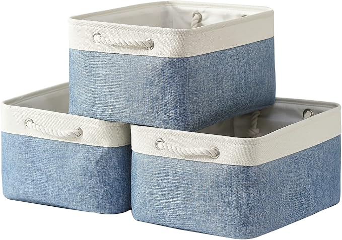 TcaFmac Storage Bins for Organization - Large 3 Pack Canvas Storage Basket for Shelves with Handles, Collapsible Baskets for Organizing for Closet Dog Laundry (White & Blue16x12x8 inch) by TcaFmac