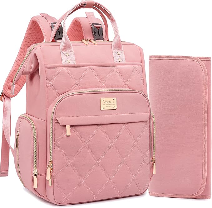 Diaper Bag Backpack Travel Diaper Backpack, Large Baby Diaper Bag with Changing Pad Baby Bag for Boys Girls, Insulated Pockets, Waterproof Baby Backpack for Mom & Maternity (Pink) by Weitars