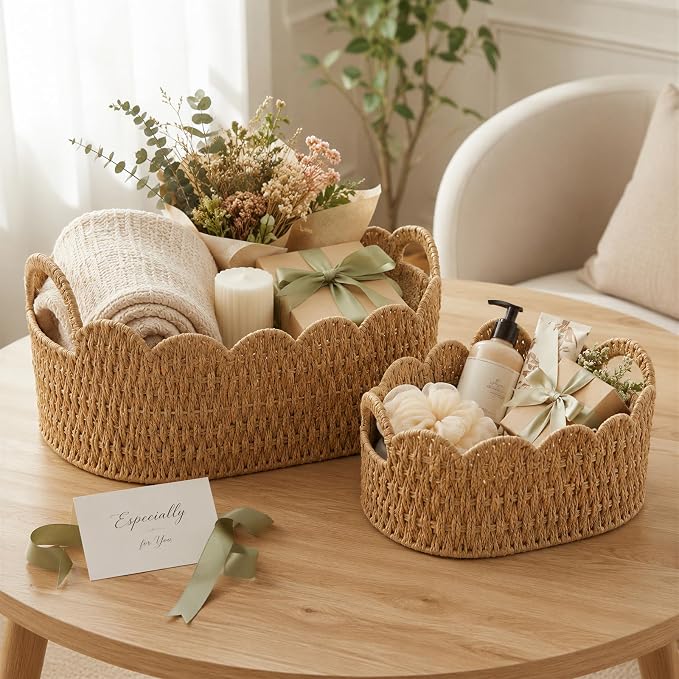 Coeusy Paper Rope Scalloped Basket Set of 2, Wicker Storage Baskets for Shelves,Gifts,Books,Toys,Cute Decor Rattan Baskets for Organizing,Natural Color - Image 5