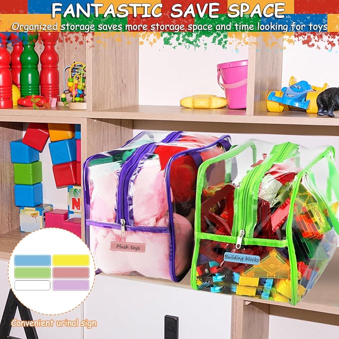 6 Colors Widen X-Large Toy Storage Bags 12.6×9.25×6.9In with Labels, Reusable Clear PVC Board Game Storage, Travel Waterproof Organizer Bags with Zipper for Building Blocks, Puzzle, Stuffed Animals - Image 4
