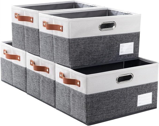 Larger Foldable Storage Bins with Handles [5-Pack] Fabric Collapsible Storage Boxes Baskets Cubes Containers with Handles for Closet Living Room Bedroom (Grey & White 17.3x12.2x10.4') by Prandom