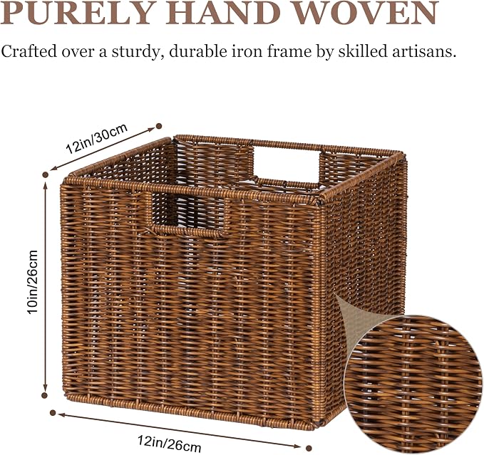 Wicker Storage Basket - Large 12x12x10in Cube, Woven Wicker for Shelves, Pantry, Kitchen & Bathroom Organization (Brown) - Image 3
