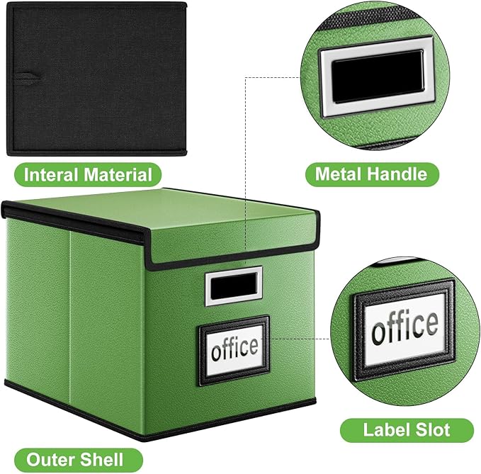 File Organizer Box with Lids, Collapsible File Folder Organizer | File Box with Plastic Slides for Document, Filing Bin for Letter Size Hanging File Folders (4 Pack, Green, Leather) - Image 3