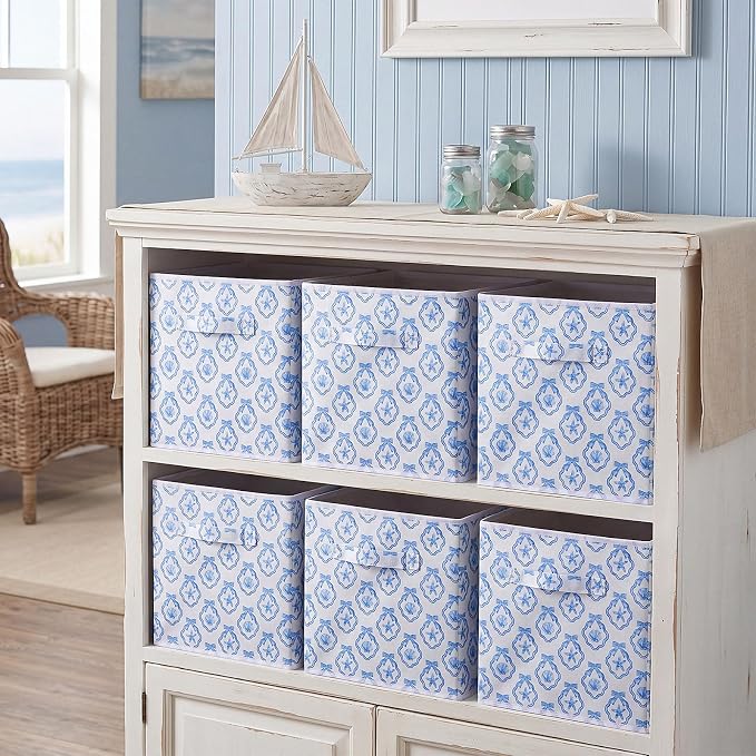 6 Pcs Blue Bow Seashell Storage Bins 11 Inch Summer Beach Storage Basket with Handle, Coastal Organizer Basket, Ocean Collapsible Fabric Box for Classroom Bedrooms Office Home Decoration Gift - Image 4