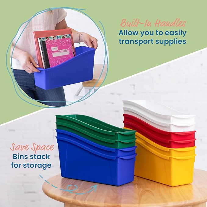 ECR4Kids Linking Plastic Storage Book Bin, Multipurpose Organization, Assorted, 10-Piece | Durable plastic with built-in handles, interlocking, nestable, ideal for books, magazines, and files in a classroom or office - Image 4
