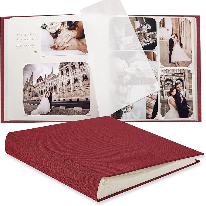 Pssoss Large Linen DIY Scrapbook Album with Writing Space,100 Pages, Red | Fits 3x5, 4x6, 5x7, 6x8, and 8x10 photos for baby, wedding, family, children, anniversary, and memory keeping. by Pssoss