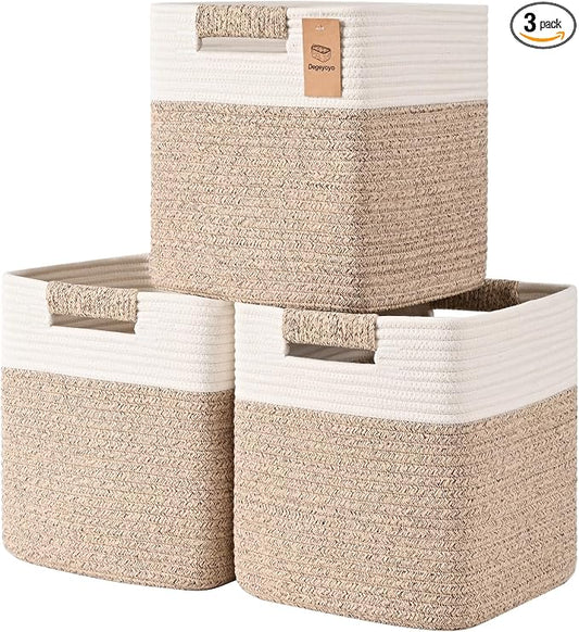 11 Inch Storage Cubes, 3 Pack Cube Storage Bins for Organizing, Cotton Rope Woven Baskets for Shelves, Bathroom, Kids Room, Closets, Baby Nursery by Degeyoyo