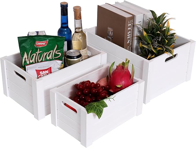 Farmhouse Modern White Wooden Crates For Storage | Rustic Decorative Boxes,Set Of 3 Large Nesting Wooden Storage Crates For Home Decor,Handmade Natural Solid Wood Box - Image 4