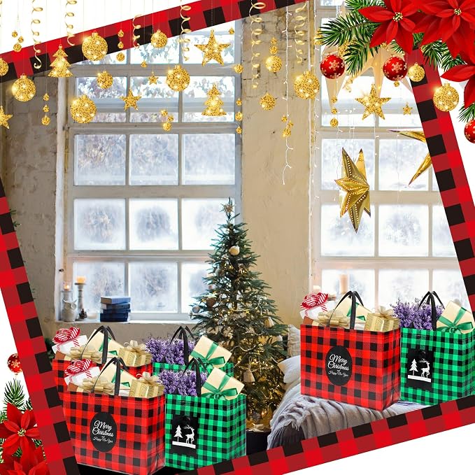 Colarr 18 Pcs Extra Large Christmas Tote Bags with Handle Christmas Gift Bag Non Woven Red Green Buffalo Plaid Waterproof Reusable for Winter Xmas Holiday Wedding Party Supplies, 16.5''x 13 "x 7'' - Image 4