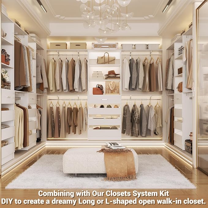 Aheaplus Closet System, Wood Closet Organizer System with Drawers, White | Set 2 Closet Wardrobe Organizer System with 4 Hanging Rods & Top Shelves, for Walk-in Closets, Cut Fits Spaces 4-9FT. Wide - Image 4