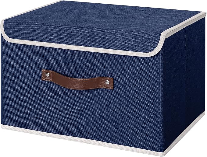 ANMINY Fabric Storage Box Bins with Lids, Blue, 15"x10"x10" | Keepsake Memory Storage, Cotton Linen, PP Board Reinforced, Washable, PU Handles, Foldable & Stackable, Decorative, Large by ANMINY
