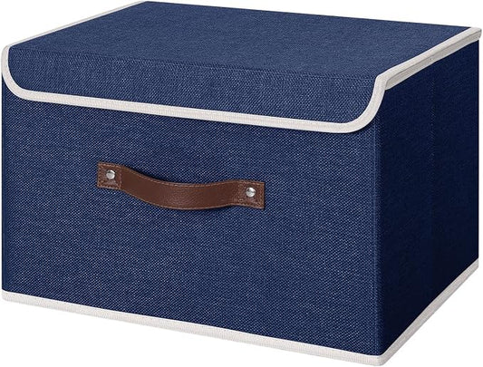 ANMINY Fabric Storage Box Bins with Lids, Blue, 15"x10"x10" | Keepsake Memory Storage, Cotton Linen, PP Board Reinforced, Washable, PU Handles, Foldable & Stackable, Decorative, Large by ANMINY