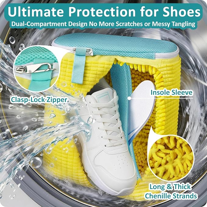 Shoe Washing Machine Bag for Sneaker Cleaning Laundry Shoe Bag, Yellow | Dual Compartment, Full Protection, Clasp-Lock Zipper, Dense Chenille, Bound Edge & Seams - Image 2