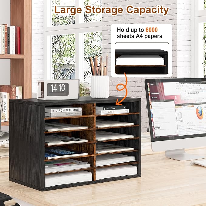 Alpeir Classroom Mailbox 12 Slots with Removable Shelves, Black/Rustic | Hold 6000 Sheets Paper, Heavy Duty, Easily Assemble, Teacher Student Organization, For Classroom, Office, Home Countertop - Image 4