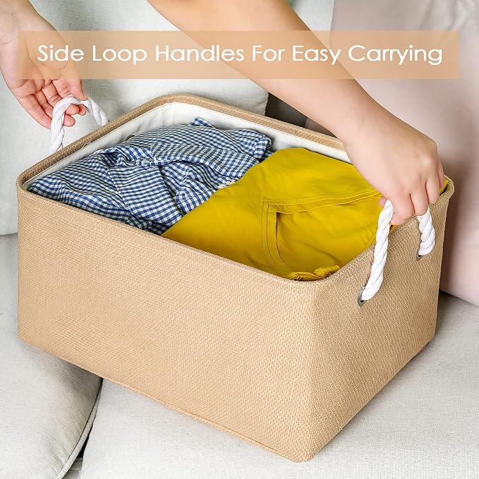 Large Storage Basket - Fabric Storage Baskets for Organizing Shelves, Collapsible Storage Bin Organizer for Closet Bookself Laundry Dog Toy Home Organization, Decorative Beige Basket Gift - Image 3