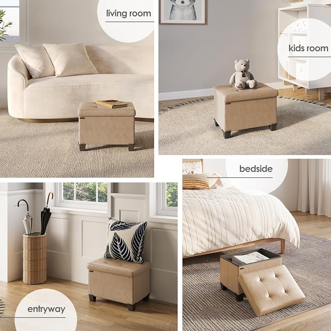 Storage Ottoman Cube with Small Bin, 16-in Square Ottoman with Storage for Living Room and Bedroom, Small Ottomans Foot Rest, Leather Foot Stools Ottomans Max 330lbs, Taupe - Image 4