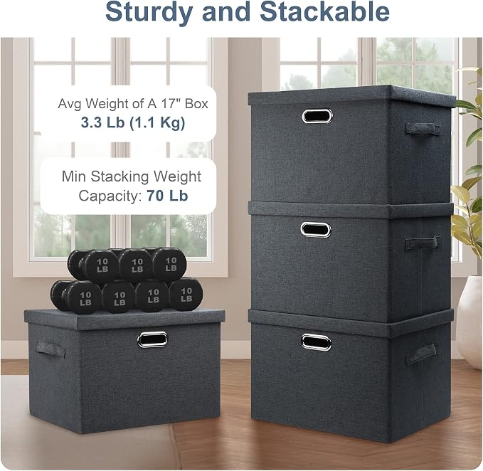 Graciadeco Large 17" 36 Quart Collapsible Stackable Storage Bins with Lids, 5 Packs Dark Gray Foldable Fabric Closet Storage Boxes with Lids Heavy-duty Linen Cube Baskets(17 x 12 x 11) | 36 Quart 5 Pack Dark Gray Collapsible Stackable Linen Fabric 4 Ha... - Image 3