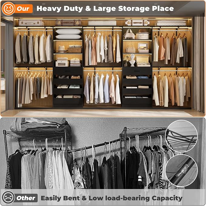 Aheaplus Closet System with Drawers Set of 2, Wood Closet Organizer System with 8 Hanging Rods & Top Shelves, Walk-in Closets Organizer Wardrobe Clothes Rack System, Cut Fits Spaces 4-9FT. Wide, Black - Image 6