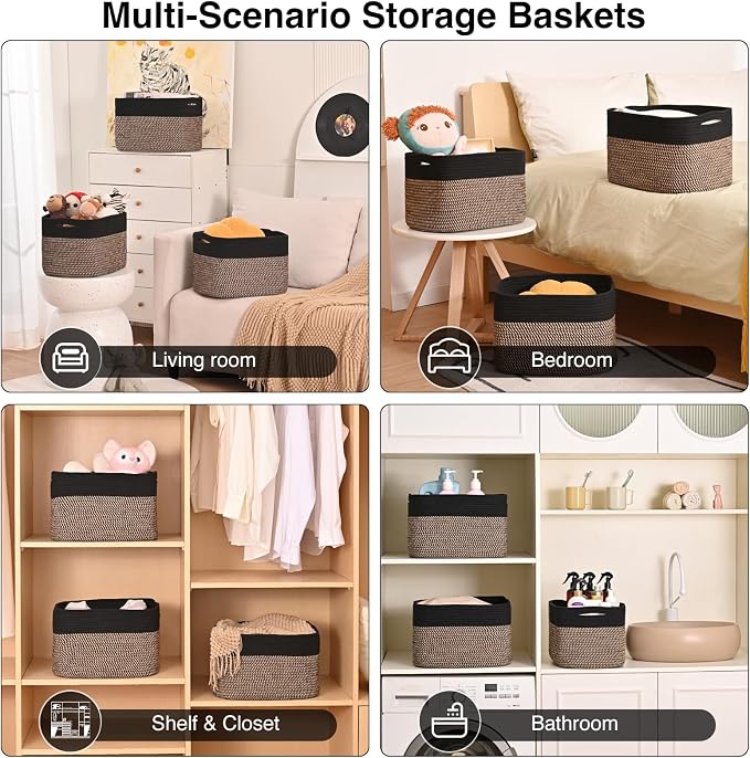 ICERZCZ Storage Baskets for Organizing Shelves, Toy Basket for Kid's Room, Woven Cotton Rope Basket for Decor, Organizing Baskets for Bedroom Living Room, 15"x11"x9.5", 3 Packs, Black & Jute - Image 5