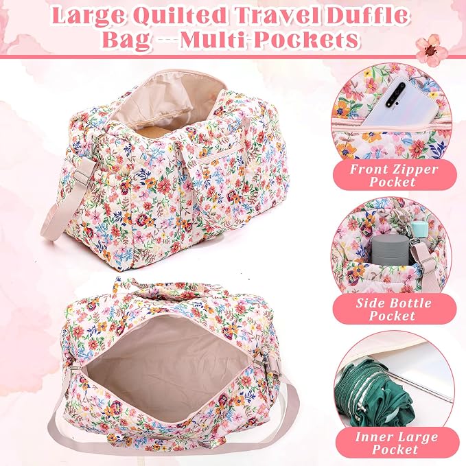 Dansydaisy Large Quilted Travel Duffle Bag for Women Floral Portable Gym Weekender Bag with Zipper Pockets Workout Grocery Pouch Duffle Gift Pouch for Work(Pink Floral) - Image 3
