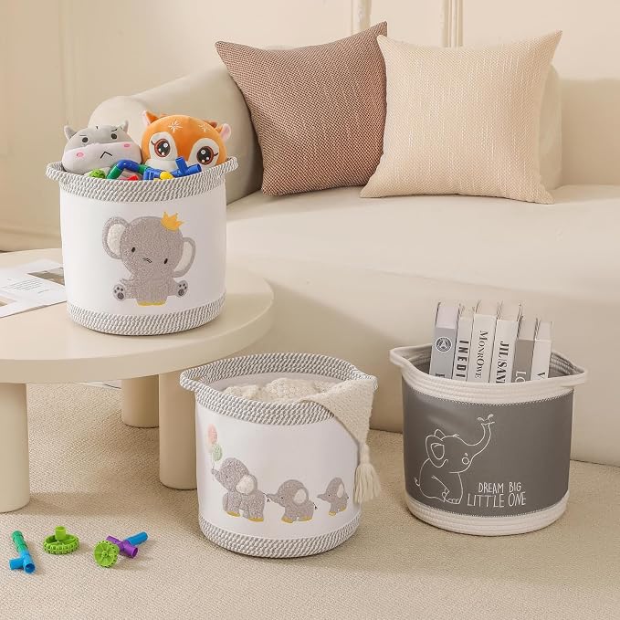 3-Piece Woven Baby Toy Blanket Storage Baskets Laundry Hampers, Elephant Design Foldable Nursery Organizer for Toys Clothes Stuffed Animals, Roomy Sturdy Hamper for Baby Gift Nursery Decor Basket - Image 3