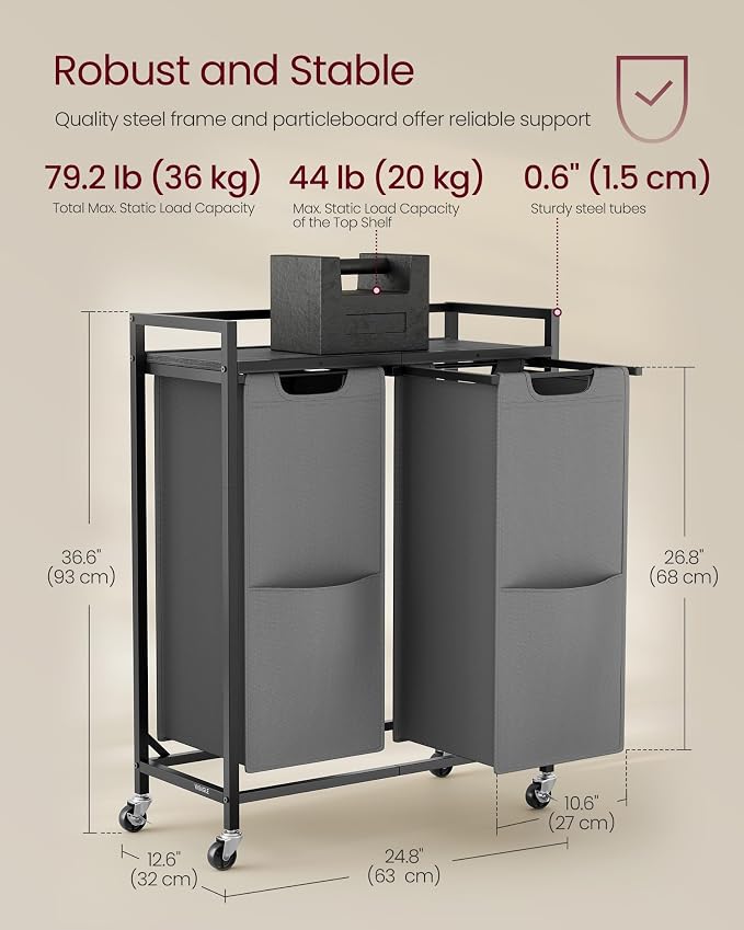VASAGLE Laundry Sorter, 29 Gal. (110 L) Laundry Hamper Basket with 2 Compartments, Rolling Cart with Wheels, Shelf, Removable Bags, Pockets, Slate Gray and Charcoal Gray UBLH021G01 - Image 6