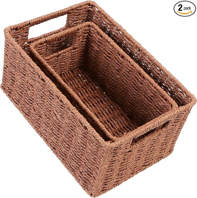 HOONEX Woven Baskets for Storage, Paper Rope Baskets with Sturdy Metal Wire Frame, Baskets for Shelves, Set of 2, Dark Brown by HOONEX