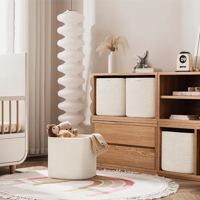 joybest 11inch Cube Storage Bins, Cotton Rope Woven Organizer Basket | Set of 4 Cube Bin Square Shelves Organizer Closet Storage, Nursery, Toy Organization, Beige - Image 5