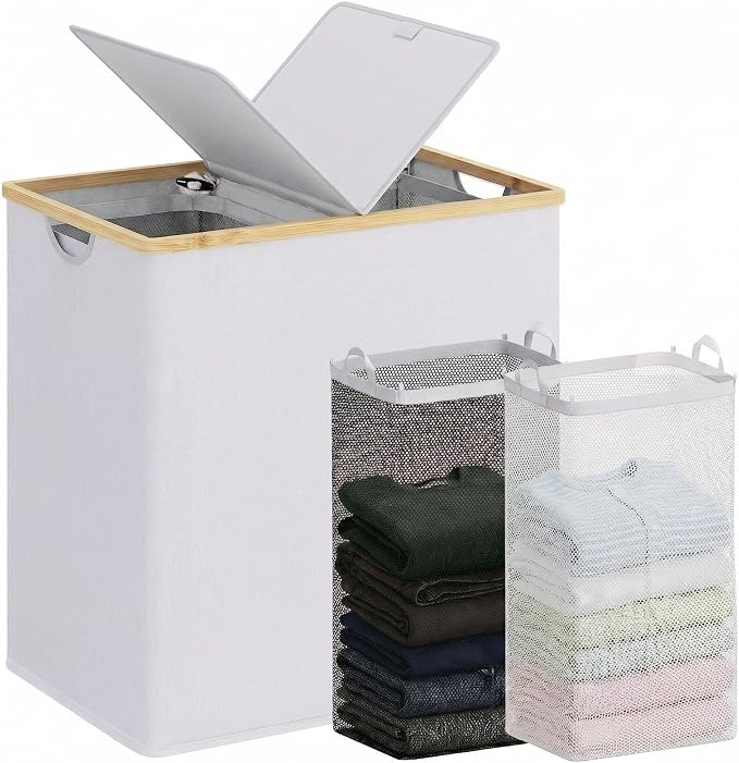 efluky Laundry Hamper with Lid, Double Laundry Basket with 2 Removable Bags, 2 Section Laundry Bin with Bamboo Handles for Bathroom, Bedroom & Laundry Room, 140L (36.9 Gallon) Light Grey by efluky