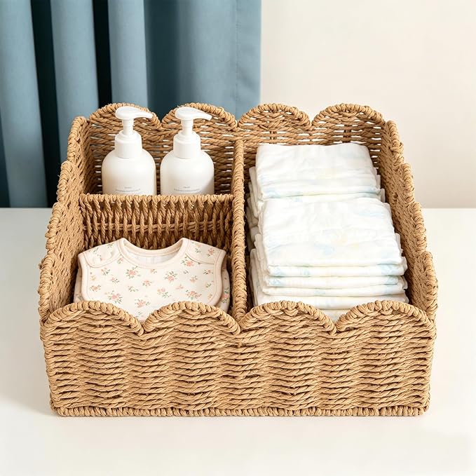 Rattan Divided Scalloped Basket,Wicker Diaper Caddy Scalloped Baske,Woven Natural Basket with 4 Dividers,Suitable for Baby Rooms, Bathrooms, Bedrooms (Paper Rope) - Image 4