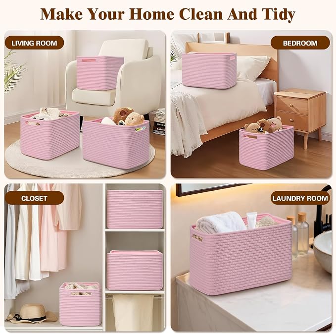 Storage Baskets for Organizing, 4 Pack Baskets for Shelves, Decorative Storage Bins for Shelves, Cotton Rope Storage Basket with Handles, Woven Basket for Storage, 13''Lx8.7''Wx7.9''H, Pink - Image 6
