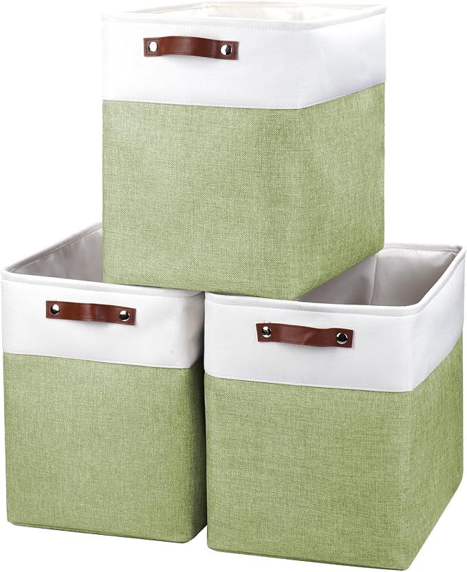 Large Fabric Storage Baskets | 50L Storage Bins, Decorative Linen Closet Baskets with Handles for Organizing, Shelf, Toys, Clothes, Home, Office, Nursery, 17x12x15Inches (Green&White) by Bagnizer