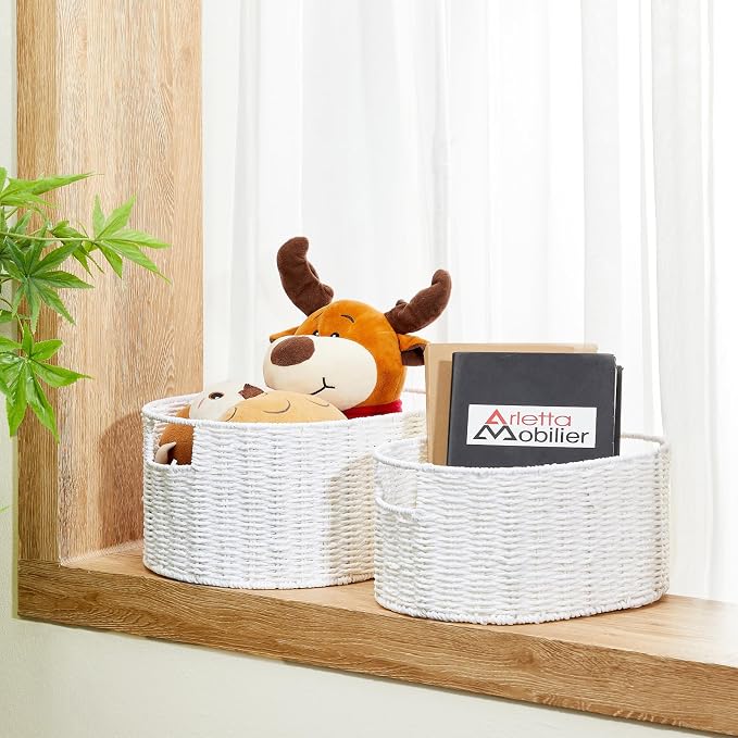 Wicker Storage Basket, Set of 3 Hand-Woven Paper Rope Storage Baskets for Organizing, Round Storage Basket With Handles, Large Wicker Storage Organizer Bins Baskets for Shelves & Decor, White - Image 2