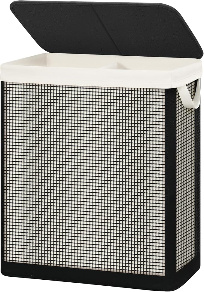 STO STO 2 Section Laundry Hamper with Lid, 140L Steel-Frame Double Laundry Hamper with Removable Washable Liner, Breathable Large Laundry Basket for Bedroom, Bathroom, Laundry Room, Dorm, Closet by STOSTO