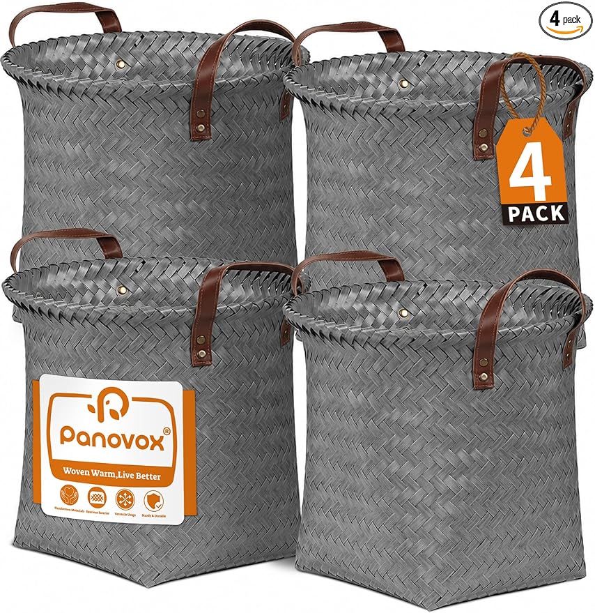 Wicker Storage Baskets, 4 Pack Woven Baskets for Shelves, Grey | PP Rattan, Water-resistant Wicker Basket, Large Baskets with Faux Leather Handles for Blanket, Laundry Organizer, Room Decor by Panovox
