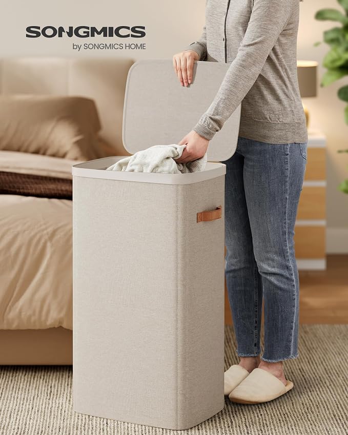 SONGMICS Laundry Basket, 26.4 Gal. Laundry Hamper, Easy Assembly, with Lid and Handles, Removable Liner, 16.5 x 12.6 x 29.5 Inches, Cappuccino Beige ULCB811LH01 - Image 2