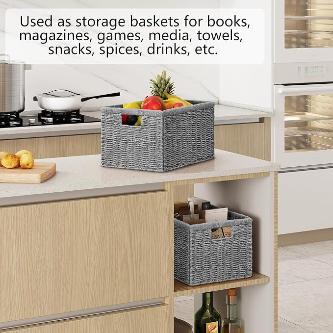 2 Packs Large Wicker Storage Basket, Closet Storage Baskets Bins for Shelves, Decorative Collapsible Baskets for Organizing Clothes Toy Nursery Bathroom Organizers and Storage, Grey - Image 6