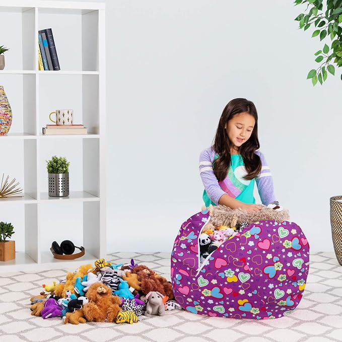 Posh Creations Stuffable Kids Stuffed Animal Storage Bean Bag Chair Cover - Childrens Toy Organizer, Medium-27 - Canvas Multi-Colored Hearts on Purple - Image 5