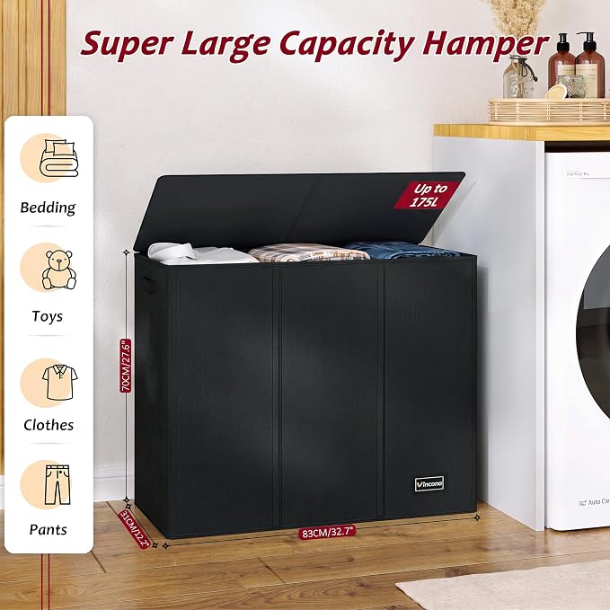 175L Laundry Hamper 3 Section,Large Laundry Hamper with Lid,Dirty Clothes Hamper with 3 Inner Bags,Collapsible Laundry Basket Organizer for Laundry Room,Bedroom,Laundry Sorter Hamper 3 Compartment - Image 2