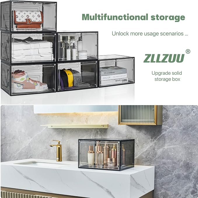 ZLLZUU Shoe Shoe Storage Boxes, 6 Pack Stackable Shoes Organizer Black | Clear Drop Front, Dustproof Magnetic Door, Stackable Containers, for High-Top Sneakers, Durable and Sturdy, Easy to Assemble - Image 5