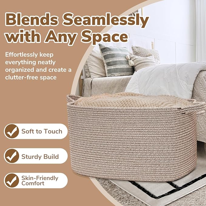 Goodpick 85L Large Woven Rope Blanket Basket, Rectangle, Brown | 23.6'' x 15.7'' x 13.8'' Storage Basket for Blankets, Toys & Clothes, Living Room & Bedroom Organization, Reinforced Handles - Image 5