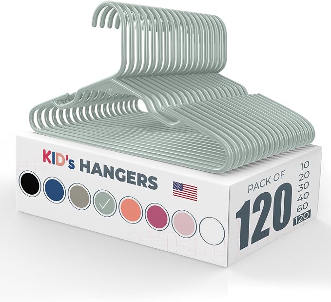Plastic 12” Kids Hangers 100+ Pack (120 Count) – Made in the USA – 5lb Capacity Baby & Toddler Clothes Hangers with Notches & Reinforced Edges – Fits Children’s Sizes Up to 8 – Mint by NeatiesHangers
