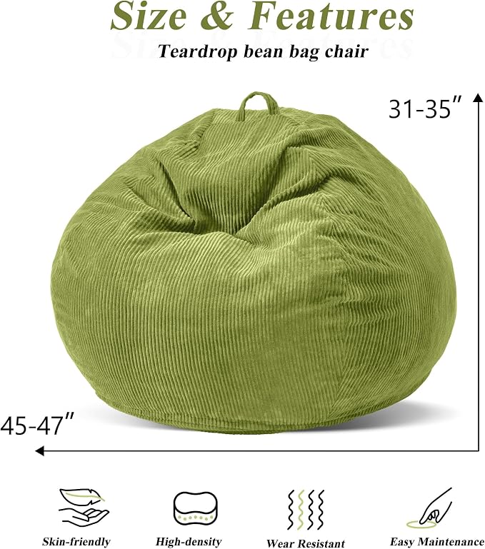 4FT Bean Bag Chair for Adults,Large Teardrop Beanbag with Filler | Beanbag Chair with Memory Foam Filled,Bean Bags with Handy Handle&Machine Washable Cover for Living Room,Bedroom-Green - Image 2