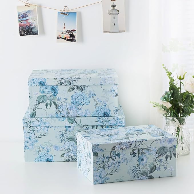 Soul & Lane - Springtime Joy Decorative Storage Boxes with Lids, Set of 3 | Large Nesting Keepsake Boxes for Memories, Photos and Gifts, Sturdy Blue Hydrangea Flowered Containers for Home Decor - Image 3