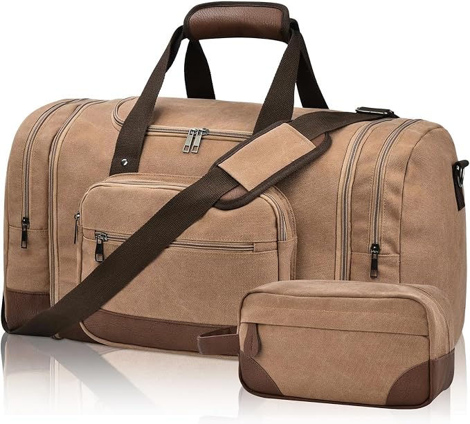 Litvyak 50L Canvas Duffle Bag for Travel Weekender Gym Overnight Carry-on | Expandable, Eco Certified, Leather Accents, Toiletry Bag Inclued, Travel Weekend Luggage Sports Duffel Bag for Women Men by Litvyak