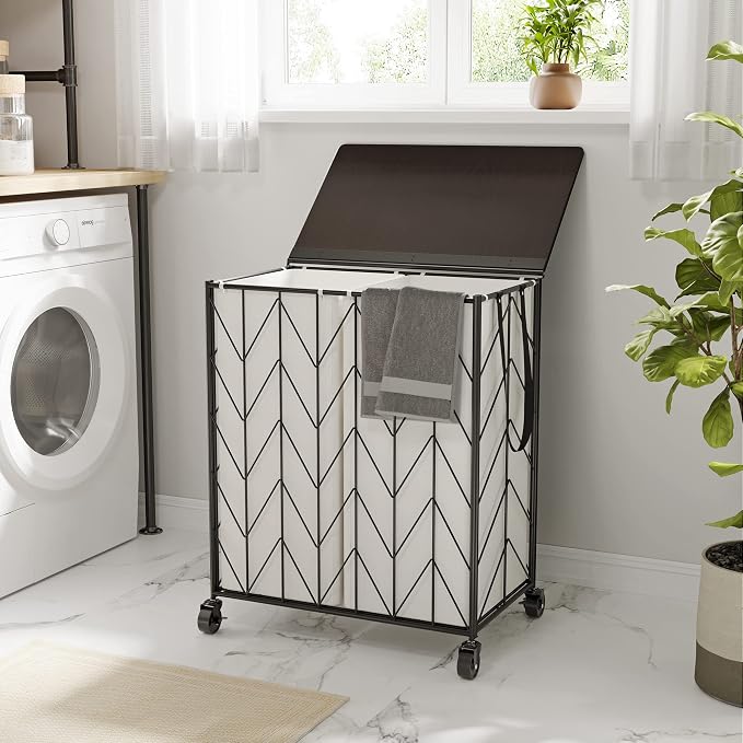 WOWLIVE Double Laundry Hamper with Lid, Rolling Laundry Basket with Wheels | Heavy Duty Wire Clothes Hamper with Divided Removable Bags, Large Iron-Made Laundry Sorter Laundry Room Organization, Beige - Image 4