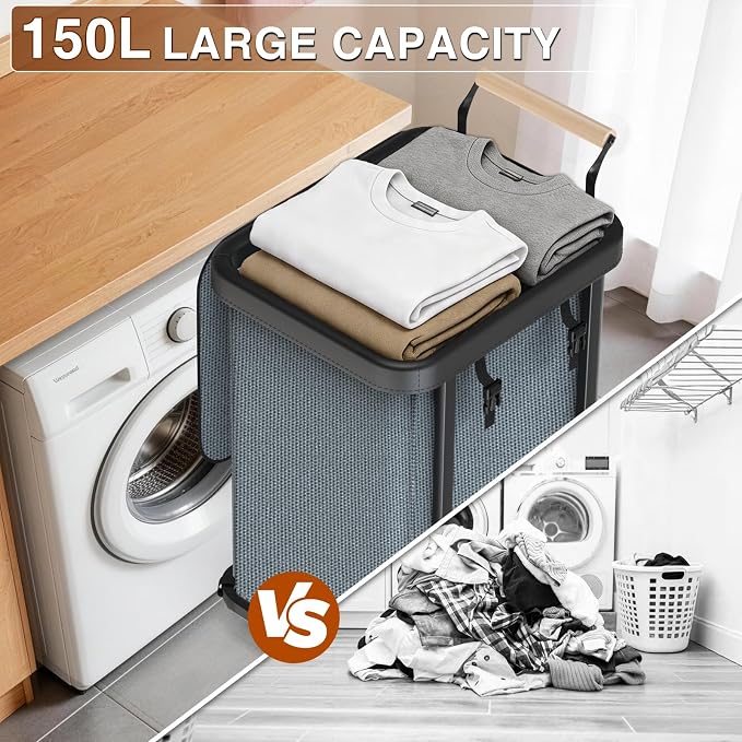 Laundry Hamper with Lid,Leather Patchwork Laundry Basket with Wheels Grey | 150L Rolling Laundry Basket with Bag & Handles,Laundry Basket Organizer for Laundry Room,and Bathroom,Laundry Room - Image 4