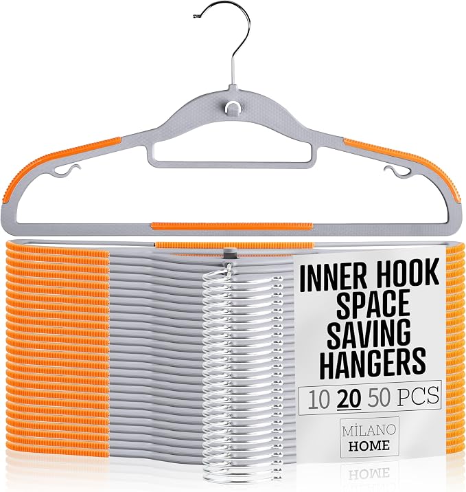 Plastic Hangers 20 Pack, Cascading Slim Space Saving Clothing Hangers with 360° Rotating Hook, Non Slip Clothes Hangers for Sweater Shirt, Heavy Duty Coat Hanger with Inner Hook for Closet, Grey by milanohome