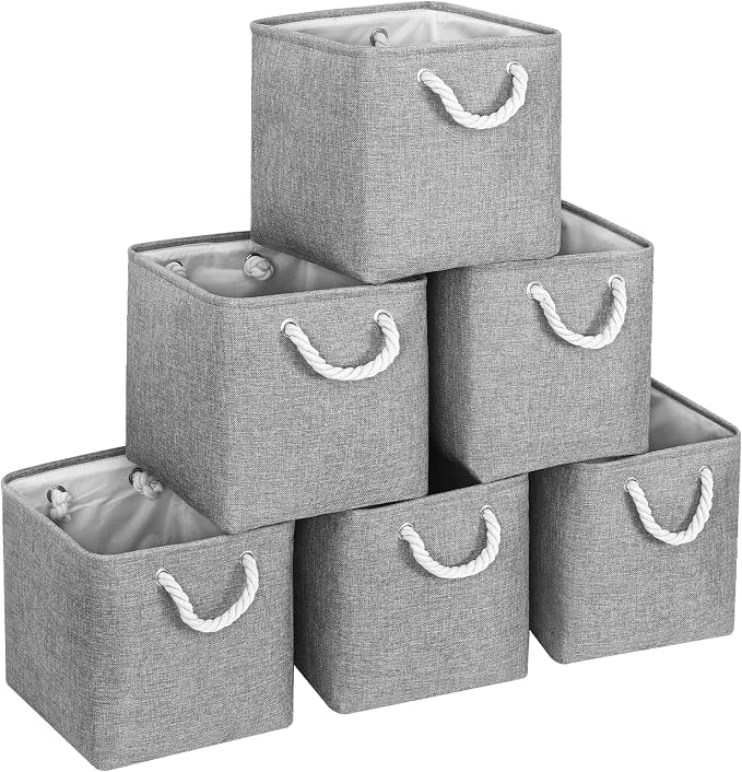 FinishingBo 11 inch Cube Storage Bin with Handles 6 Pack | Foldable Basket, Fabric Storage Bins, Closet Storage, Home Organizer (Gray) by SimplifySpaceSimplifyLife